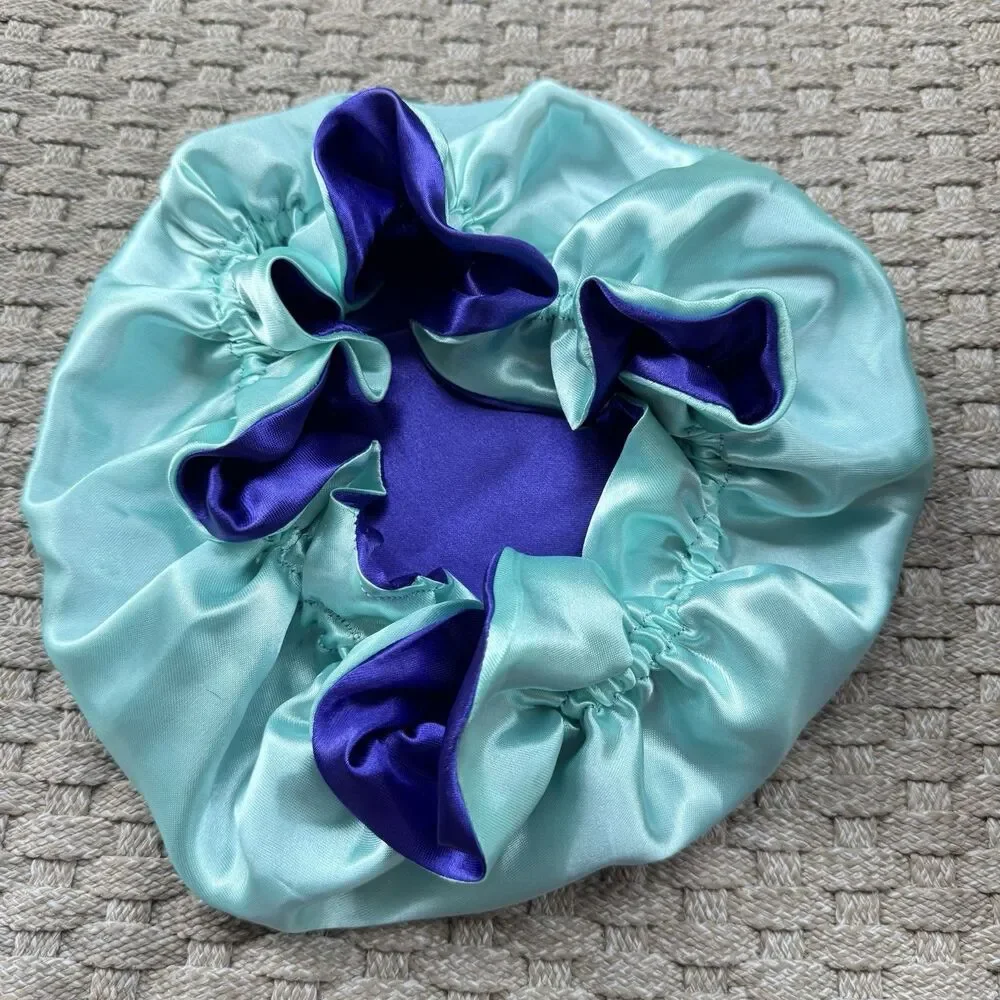 Reversible Satin Sleep Bonnet – Blue & Purple– Extra Large, Elastic Fit